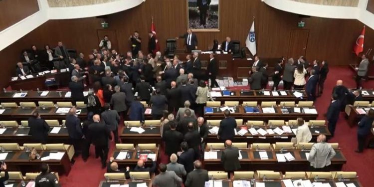 CAUGHT ON CAMERA: Turkish leaders brawl at council meeting over the cost of Republic Day